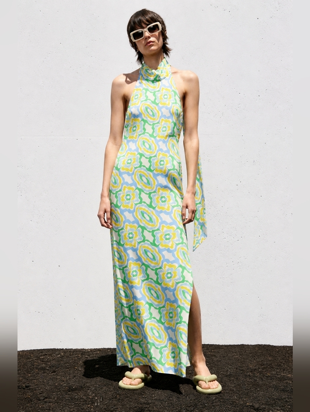 ZARA Viral Halter Maxi Dress Open Back Floral Scarf Tie Euro Summer S